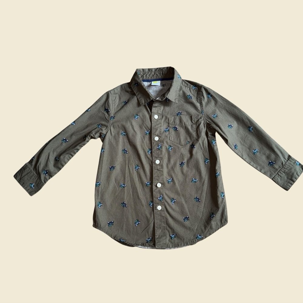 Crazy 8 Olive Button-Up Shirt with Trees and trucks